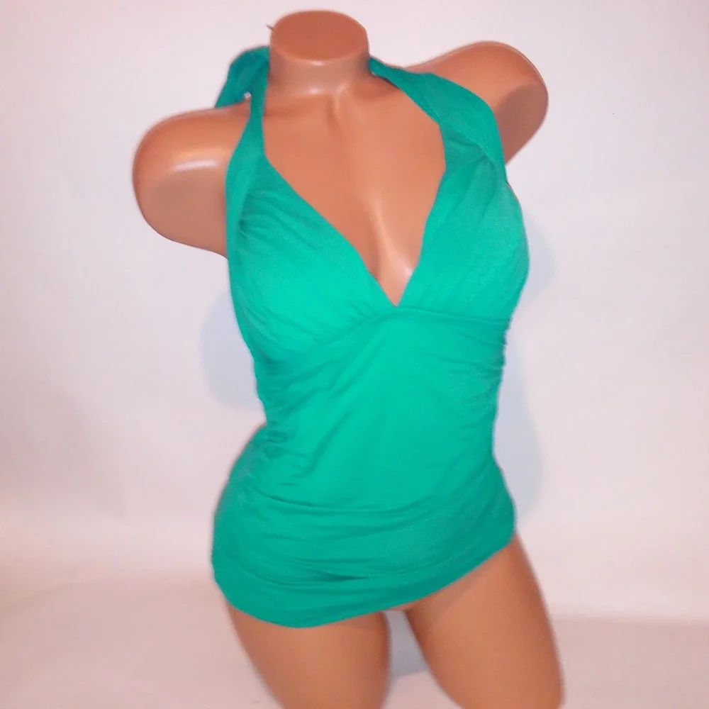 La Blanca Swim Tankini Top Size 8 Teal Halter Lightly Lined Wireless